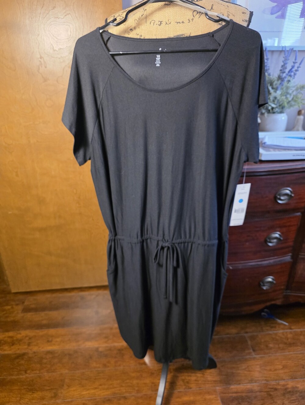 Just Be™ Black Tee Dress With Drawstring Waist and Side Pockets